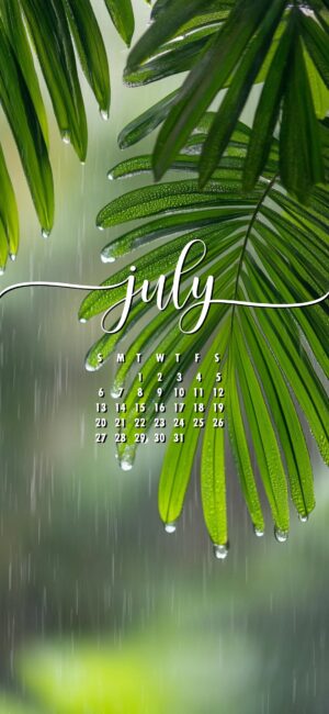 Tropical Rain July phone wallpaper with monthly calendar