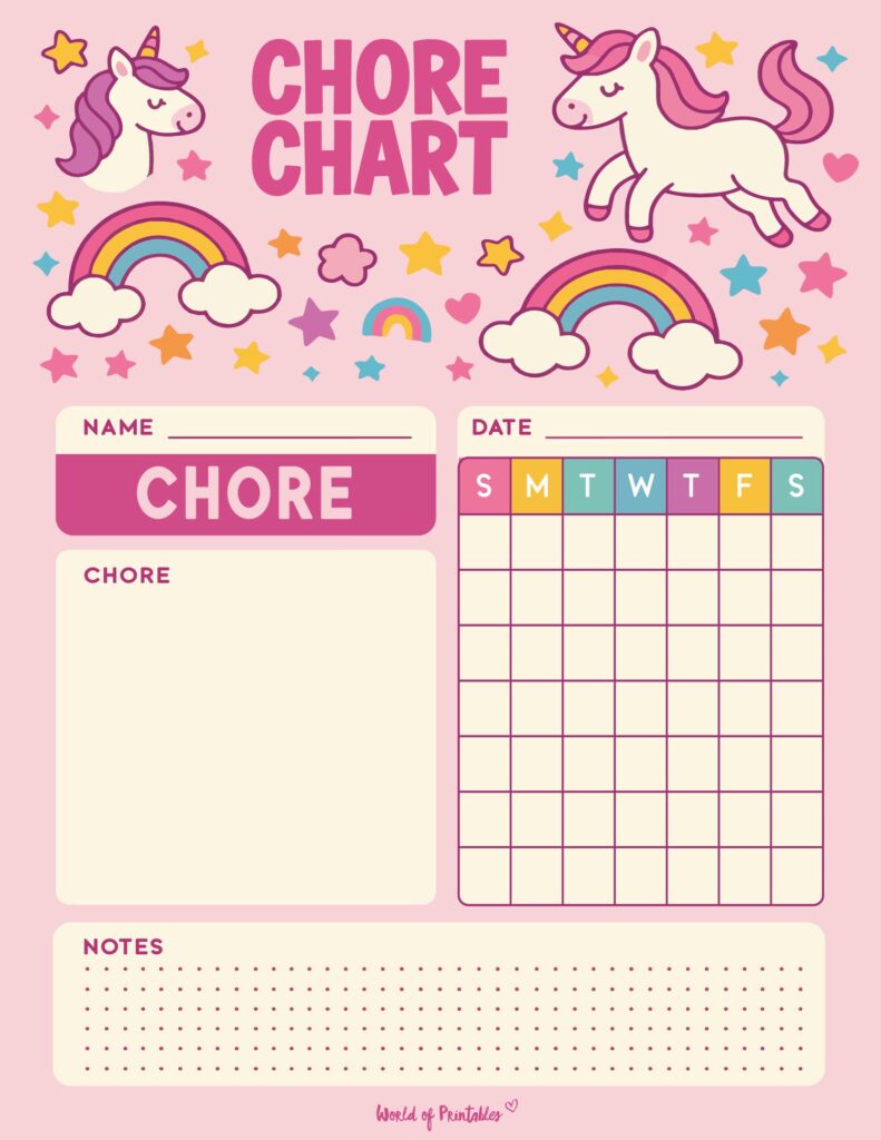 Unicorn Chore Chart Template For Kids
