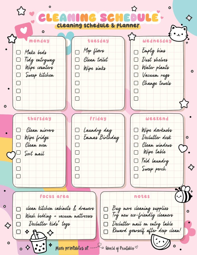 Weekly Cleaning Schedule Example filled in