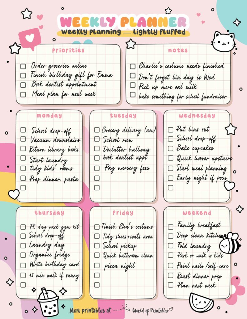 Weekly Planner example filled in sample