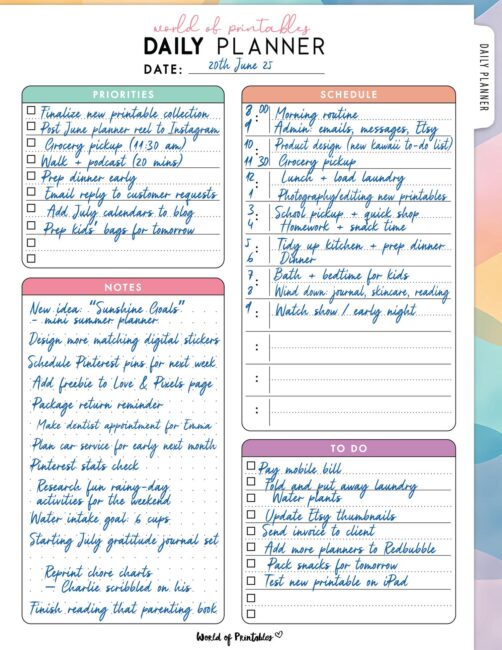 daily planner example filled in sample
