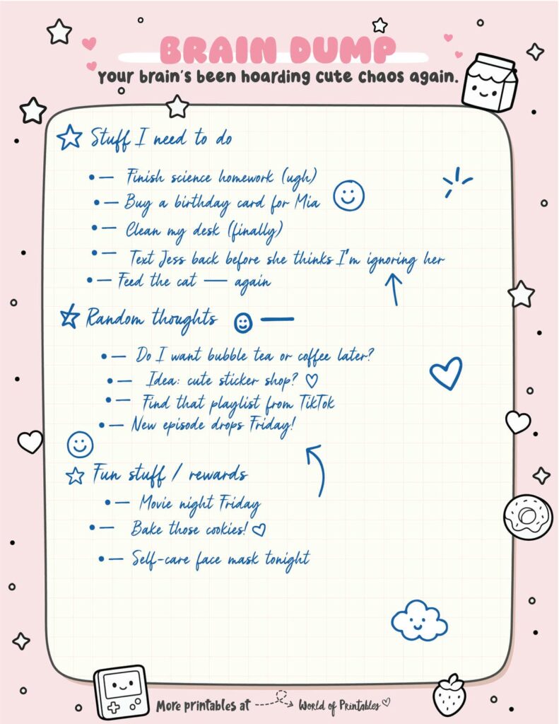 Brain Dump Template Example filled in sample