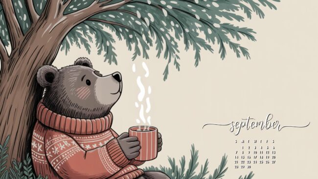 Calendar Wallpaper for September Bear Under Tree Desktop