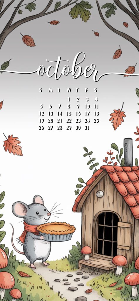 Cute Mouse october calendar phone wallpaper