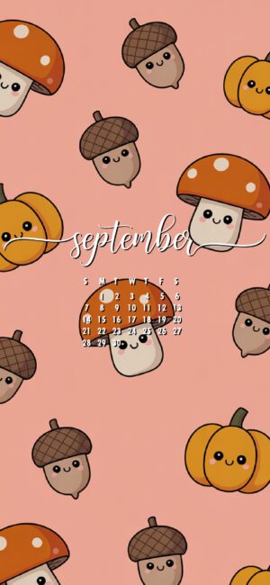 Cute September Calendar Wallpaper with Mushrooms and Acorns