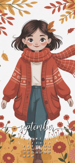 Cute September Girl Autumn Calendar Wallpaper