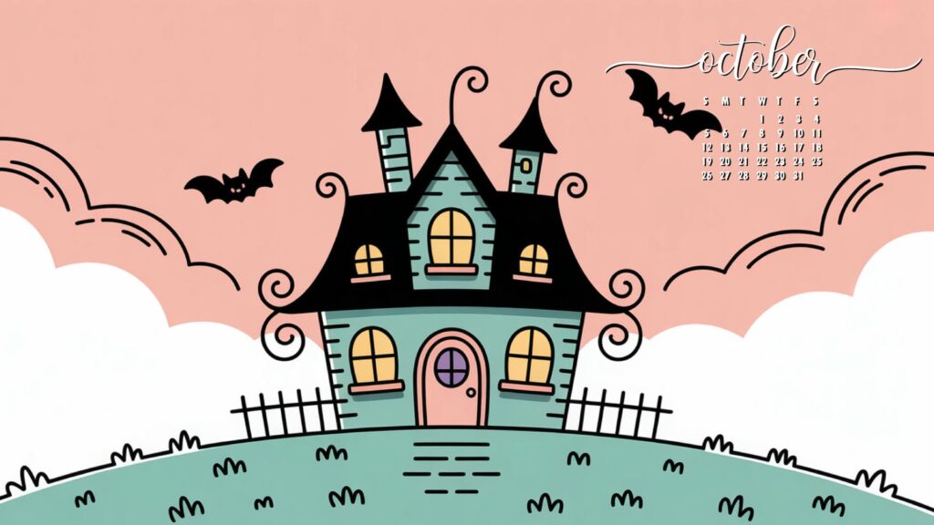 Cute Witch House pastel october calendar wallpaper
