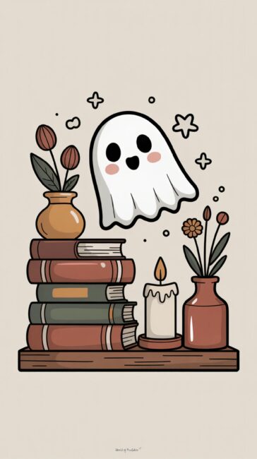 Ghost and Books cute fall phone wallpaper