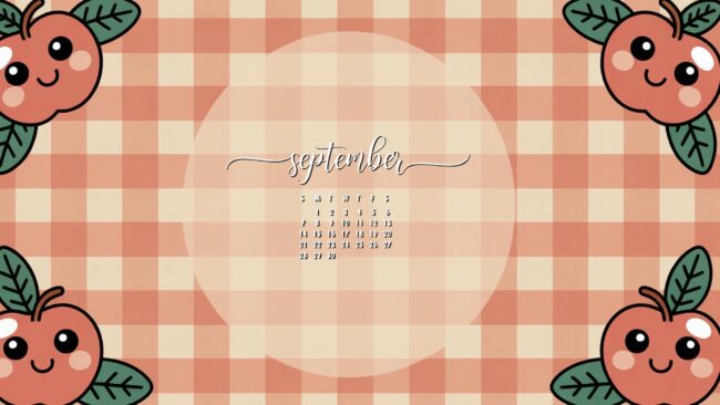 Kawaii Apples and Gingham September Calendar Wallpaper Desktop