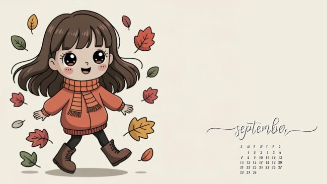 Kawaii Autumn Girl September Calendar Wallpaper Desktop