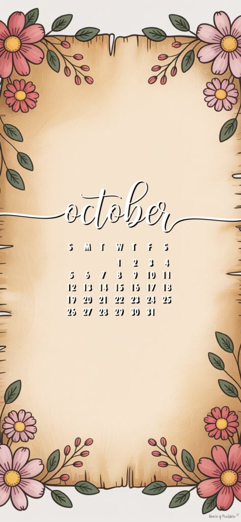Pretty Floral monthly october calendar phone wallpaper