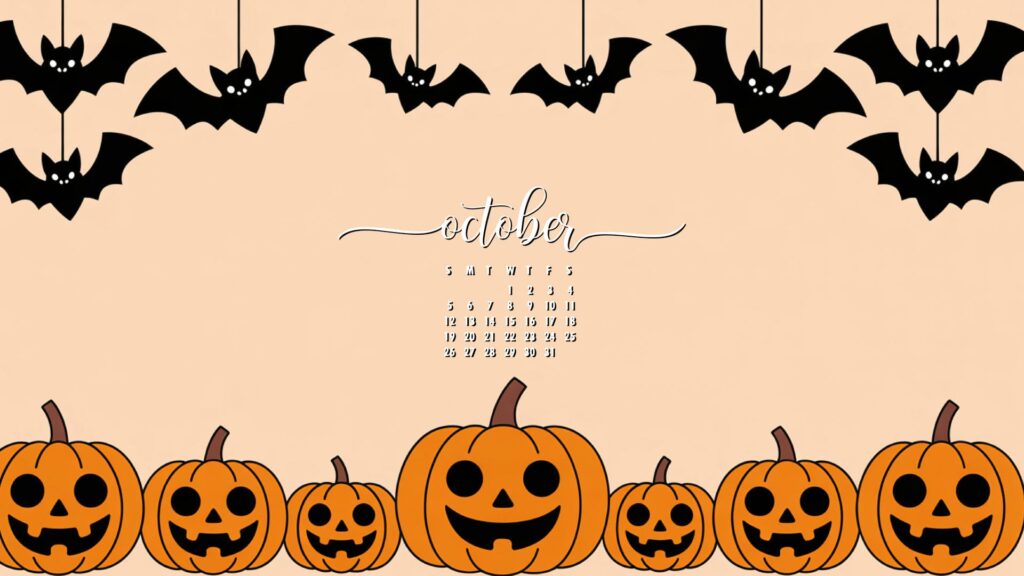 Pumpkin and Bats october 2025 calendar wallpaper