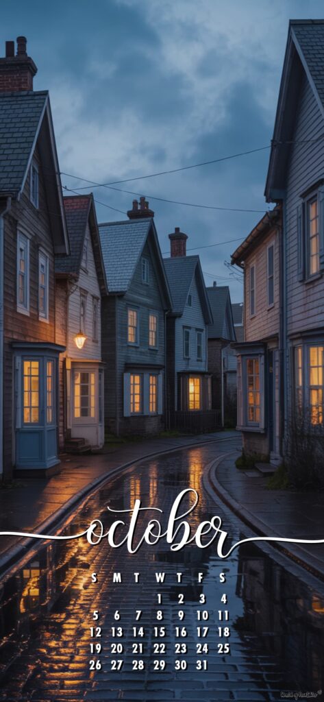 Rainy cozy october calendar phone wallpaper