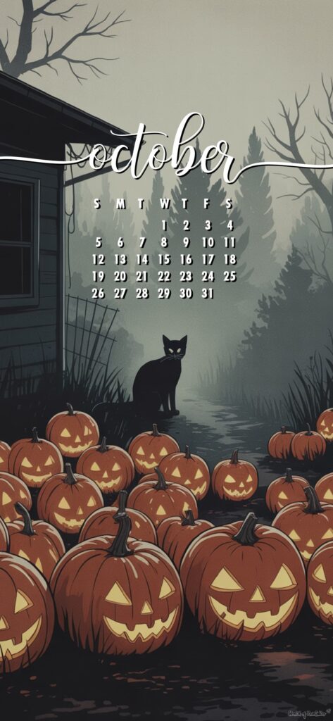 Spooky Pumpkin and Cat monthly october calendar phone wallpaper
