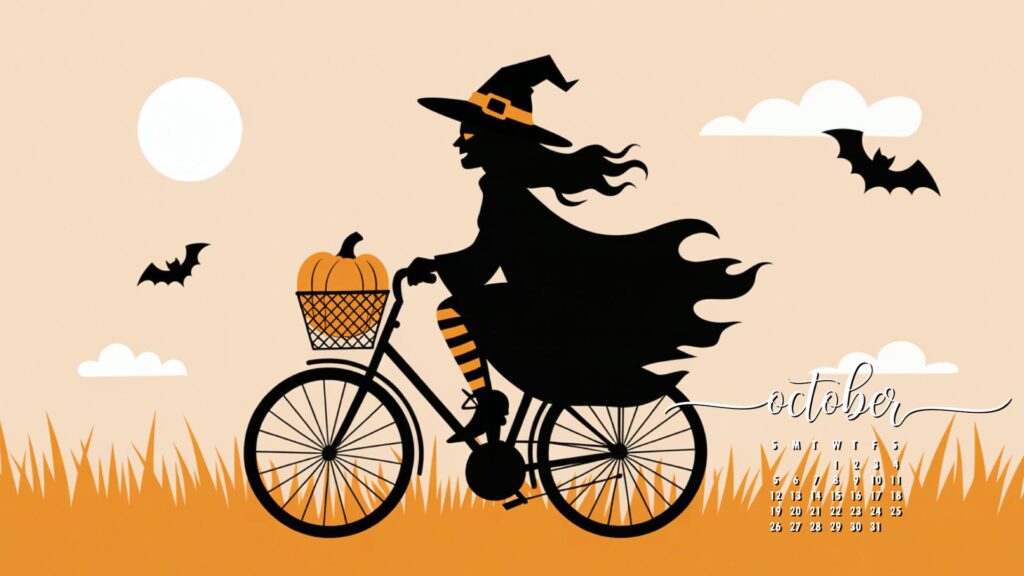 Witch on a bike desktop wallpaper october calendar
