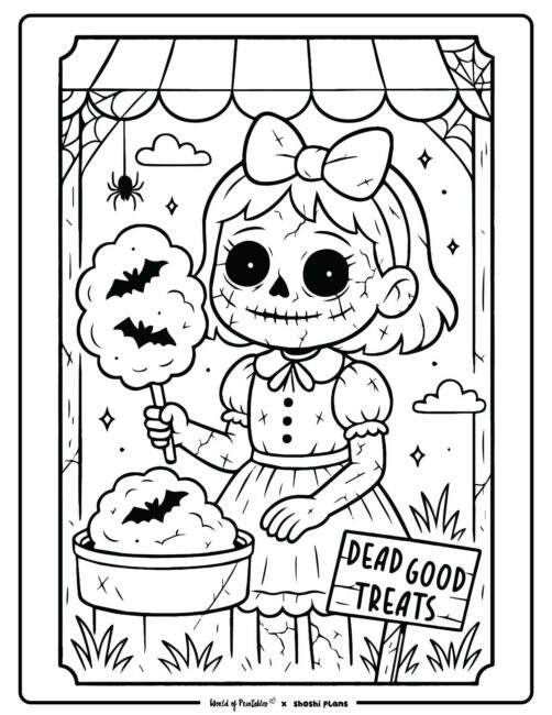 Cult Cuties Halloween Coloring Page – Creepy Cotton Candy Stand Scene