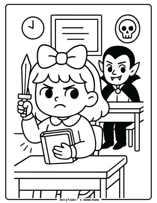 Cult Cuties Halloween Coloring Page – Vampire Classroom Scene