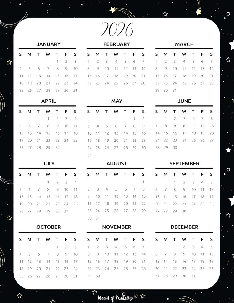 Printable 2026 Year Calendar-100