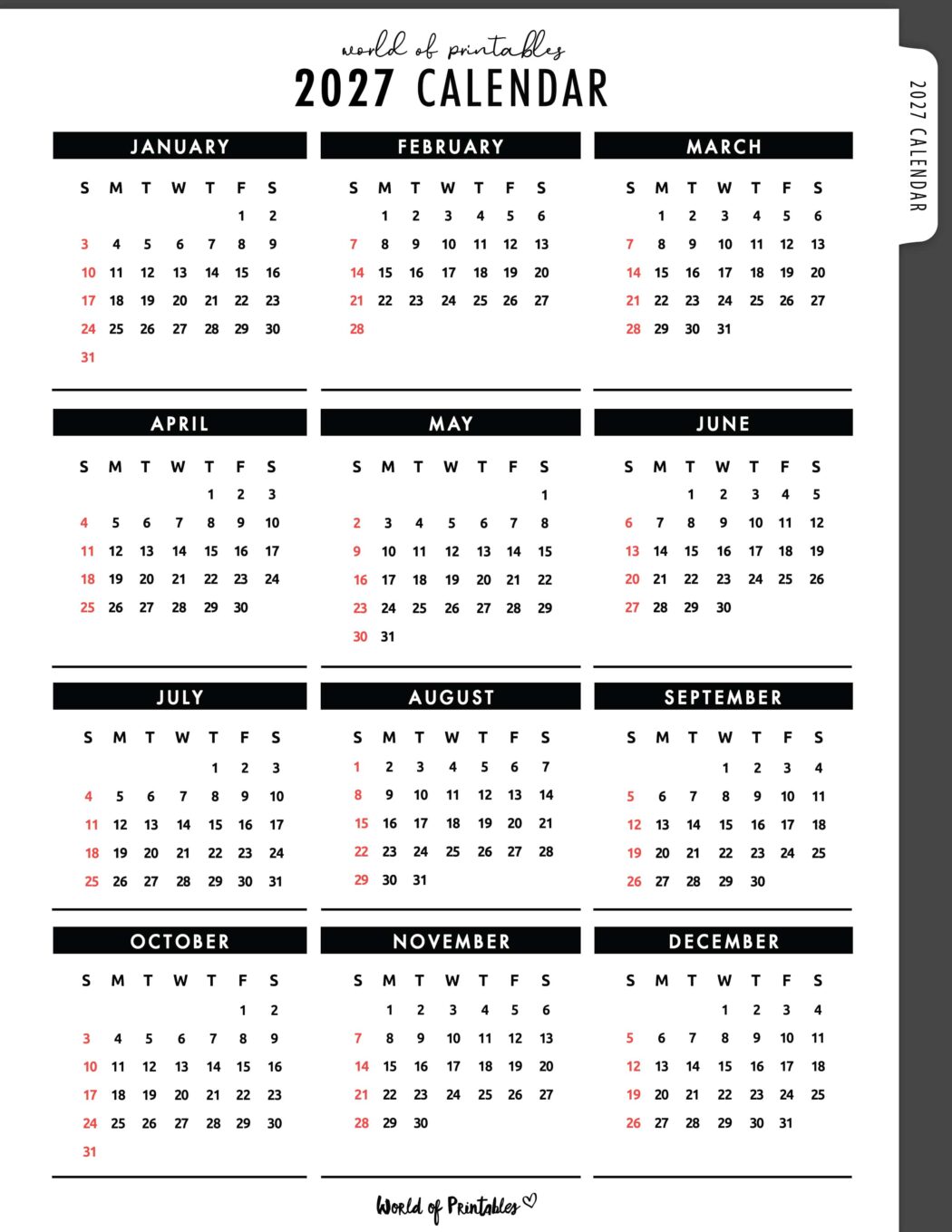 2027 Year Calendar Printables - 160 Free Styles to Download - World of
