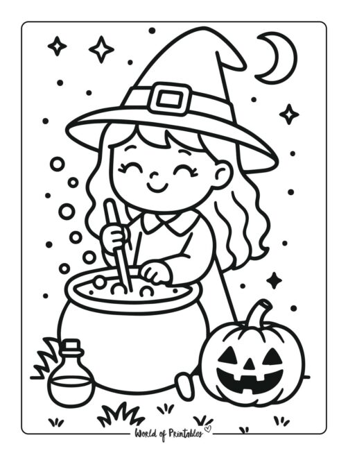 halloween-coloring-page-smiling-witch-with-cauldron-and-pumpkin