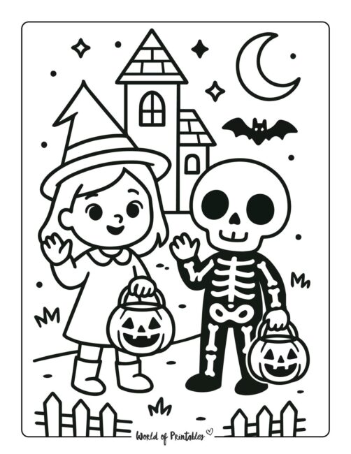 halloween-coloring-page-trick-or-treat-witch-and-skeleton