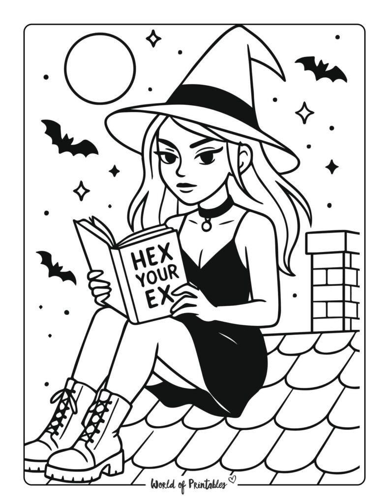 witch-on-rooftop-reading-halloween-coloring-page