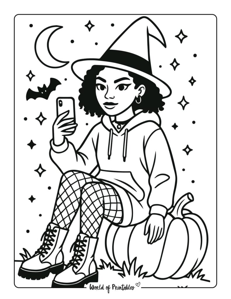 witch-sitting-on-pumpkin-selfie-coloring-page