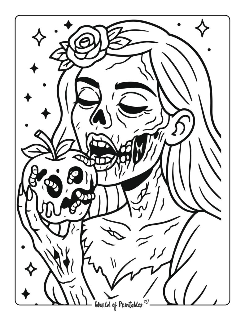 zombie-princess-eating-rotten-apple-coloring-page