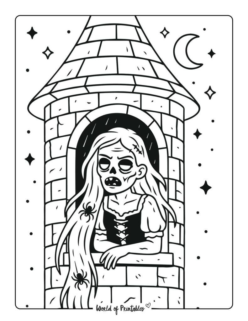 zombie-princess-in-tower-coloring-page