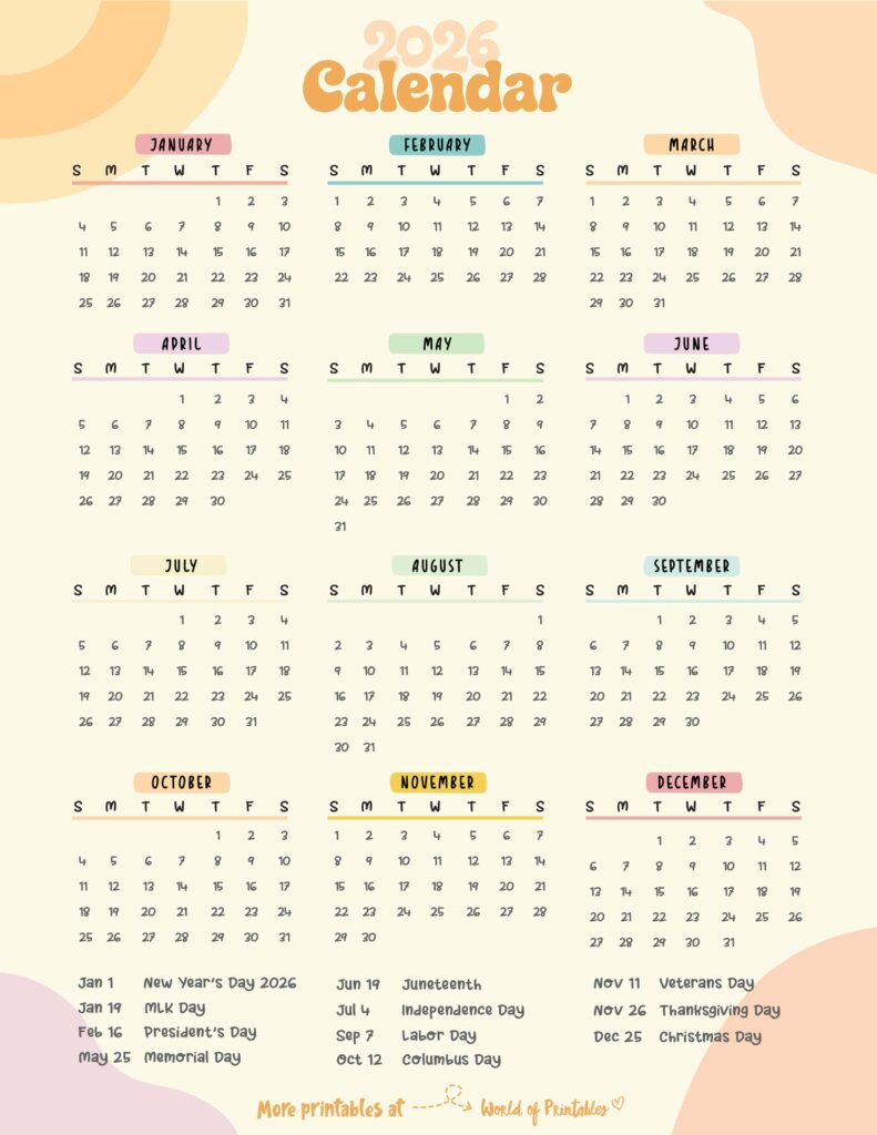 2026 Calendar with Holidays 01
