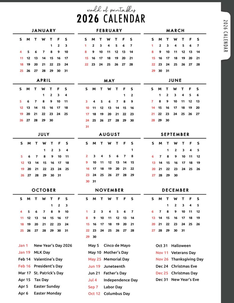 2026 Calendar with Holidays 03