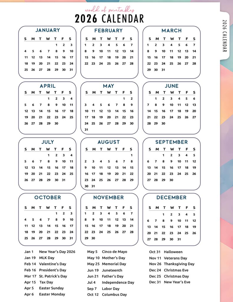 2026 Calendar with Holidays 06