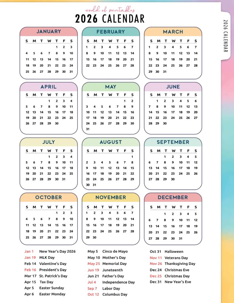 2026 Calendar with Holidays 07