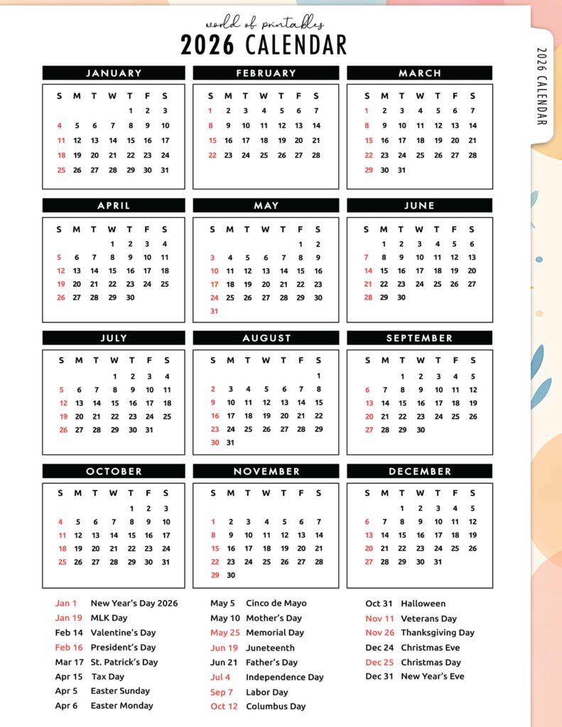 2026 Calendar with Holidays 08