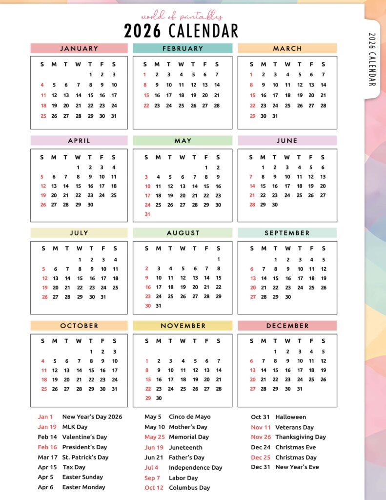 2026 Calendar with Holidays 09