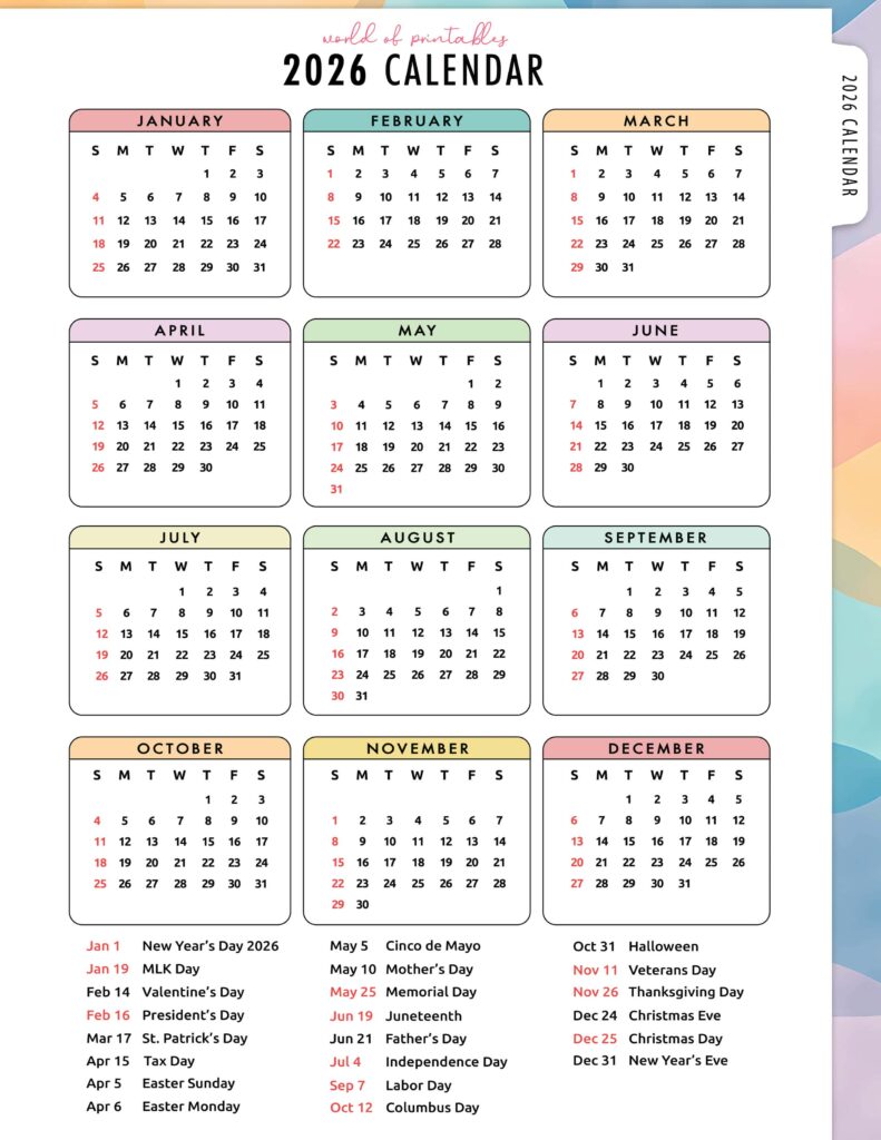 2026 Calendar with Holidays 10