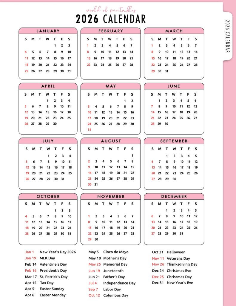 2026 Calendar with Holidays 12