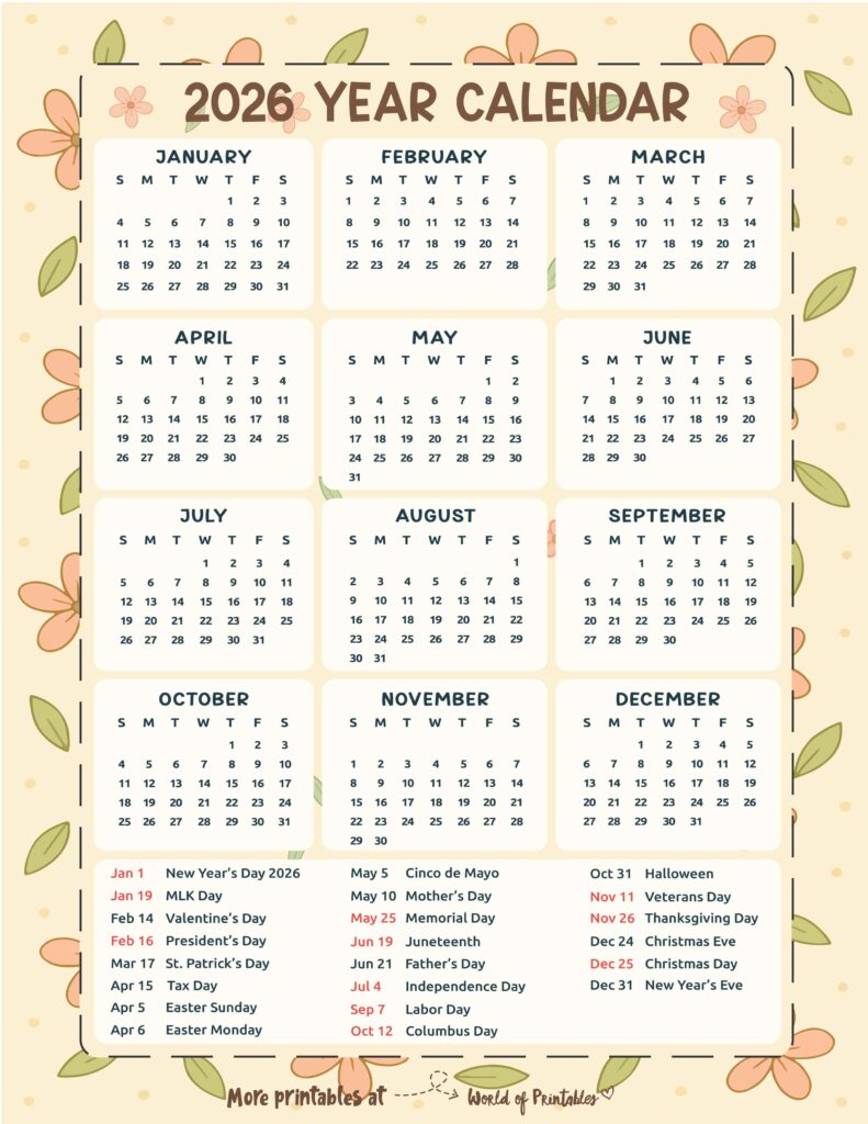 2026 Calendar with Holidays 19