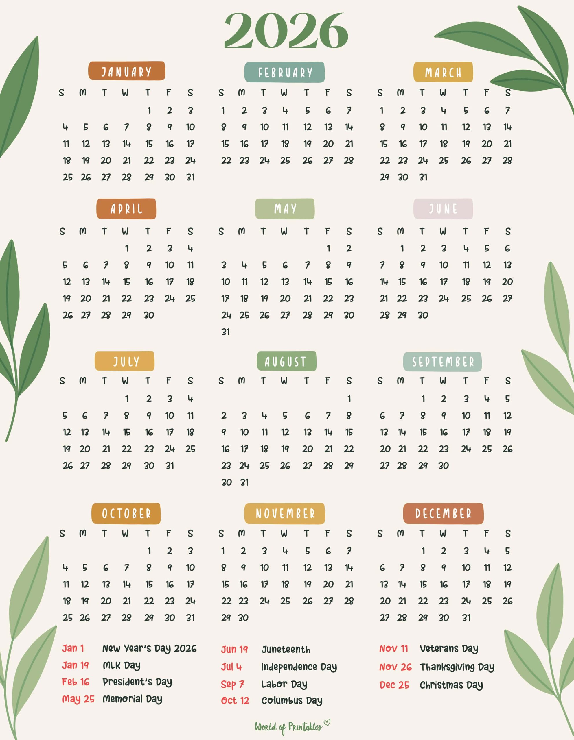 2026 Calendar With Holidays (Free Printable PDFs) - World of Printables
