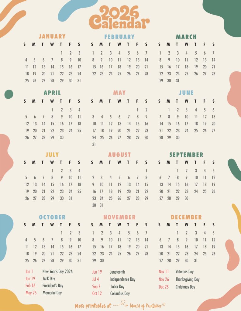 2026 Calendar with Holidays 25