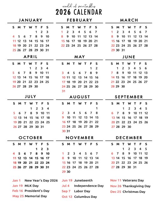2026 Calendar With Holidays (Free Printable PDFs) - World of Printables