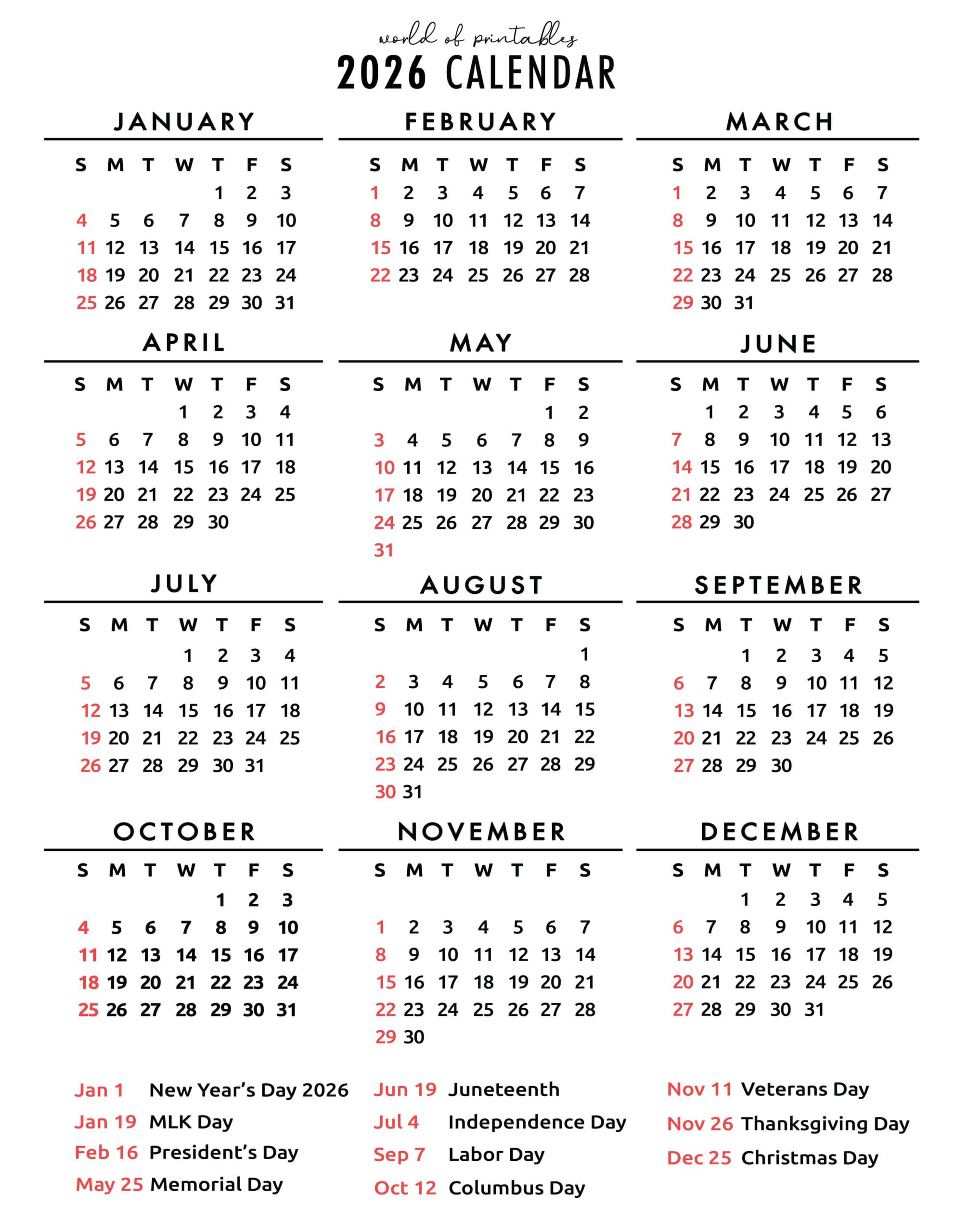 2026 Calendar With Holidays (Free Printable PDFs) - World of Printables