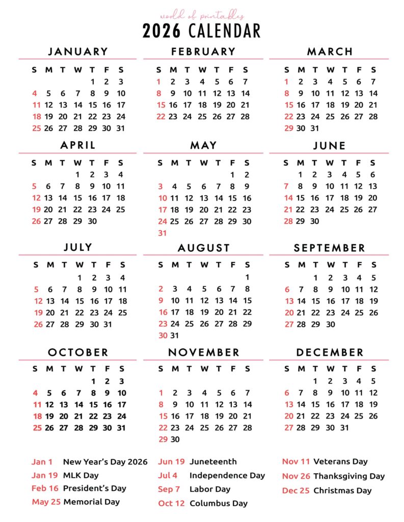 2026 Calendar with Holidays 27