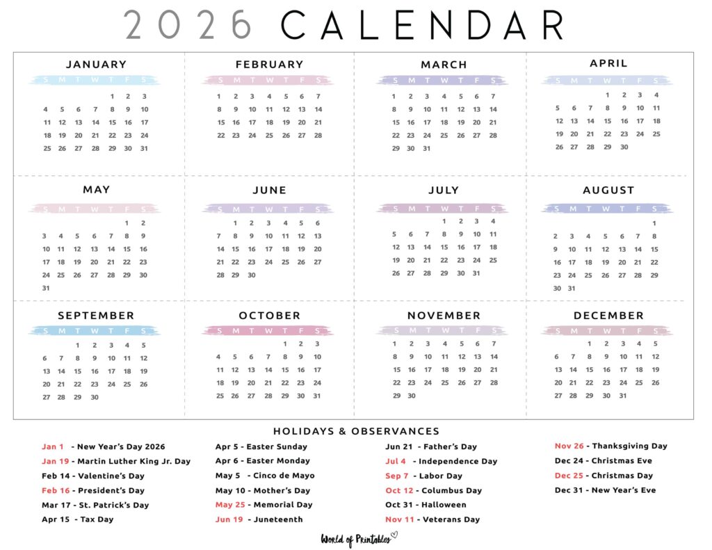 2026 Calendar with Holidays 28
