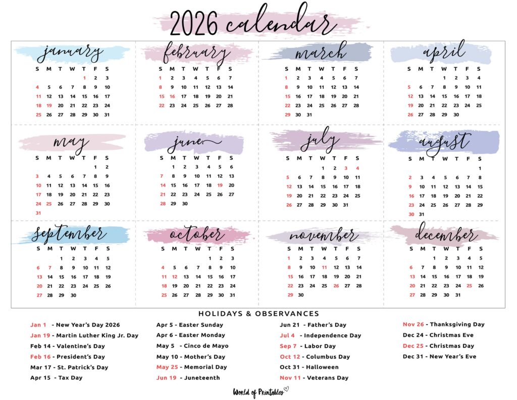 2026 Calendar with Holidays 29