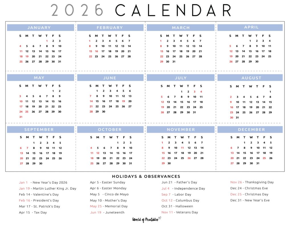 2026 Calendar with Holidays 30