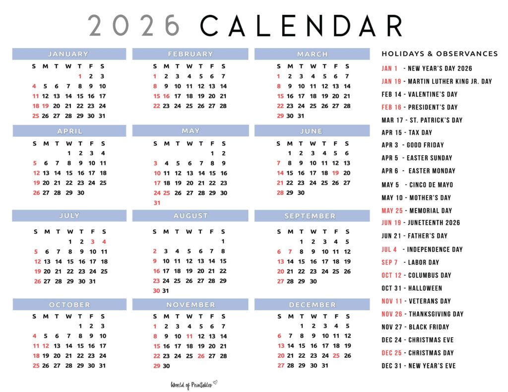 2026 Calendar with Holidays 31
