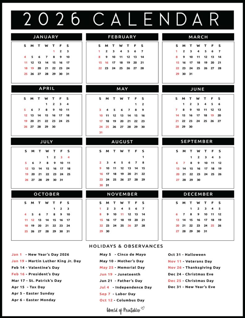 2026 Calendar with Holidays 33