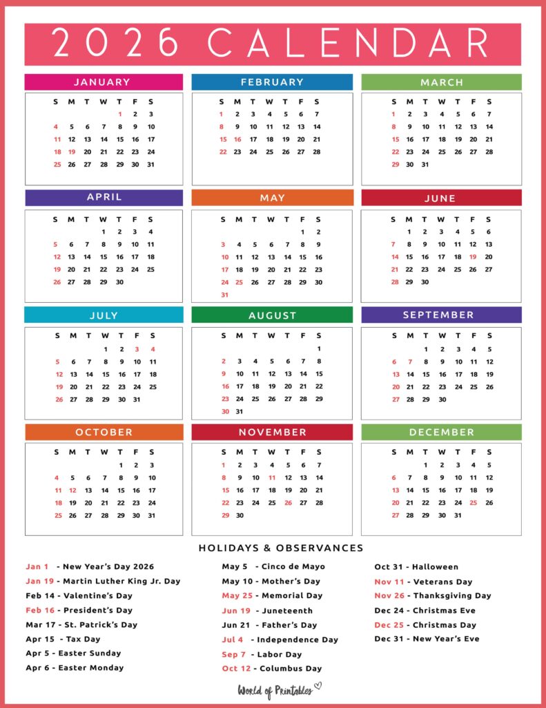 2026 Calendar with Holidays 34