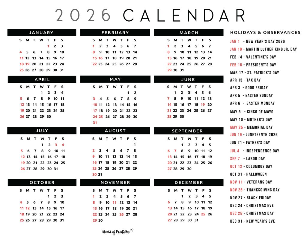2026 Calendar with Holidays 36